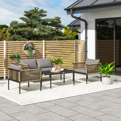 Conjunto de Jardim de Vime Sintético de 4 Peças Móveis de Exterior Inclui 1 Sofá Duplo 2 Cadeiras e Mesa de Centro com Almofadas Madeira e Cinzento
