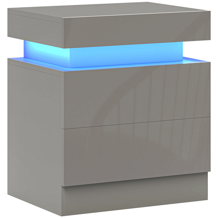 Mesa de Cabeceira com Luz LED Mesa de Cabeceira com Painel de Alto Brilho 2 Gavetas e Controlo Remoto para Sala de Estar Dormitório 45x35x52 cm Cinzento