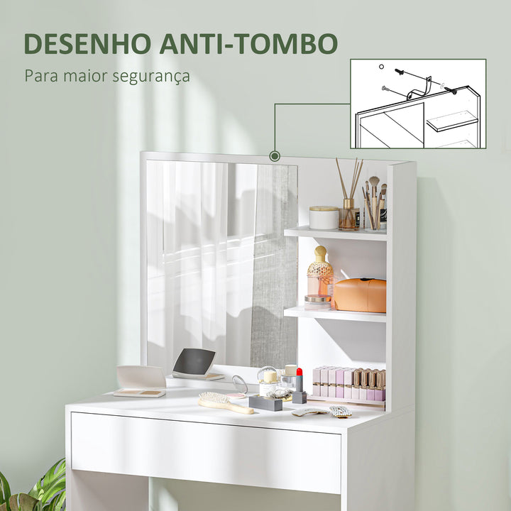 Toucador de Maquilhagem com Espelho Mesa de Maquilhagem com Gaveta e Prateleiras Abertas Toucador para Dormitório 75x40x137 cm Branco