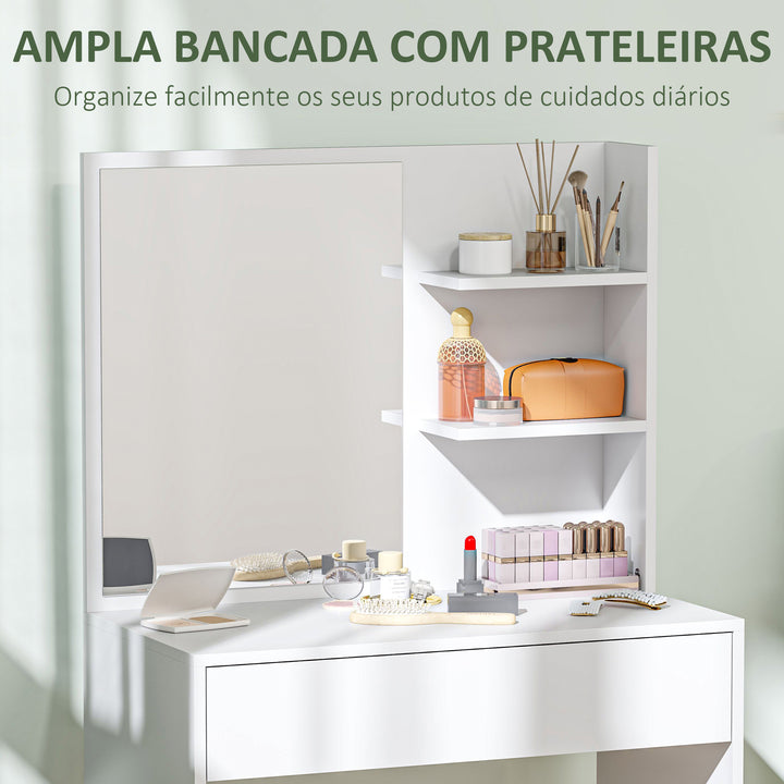 Toucador de Maquilhagem com Espelho Mesa de Maquilhagem com Gaveta e Prateleiras Abertas Toucador para Dormitório 75x40x137 cm Branco