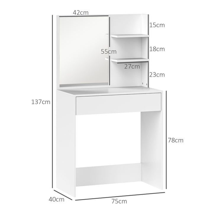 Toucador de Maquilhagem com Espelho Mesa de Maquilhagem com Gaveta e Prateleiras Abertas Toucador para Dormitório 75x40x137 cm Branco