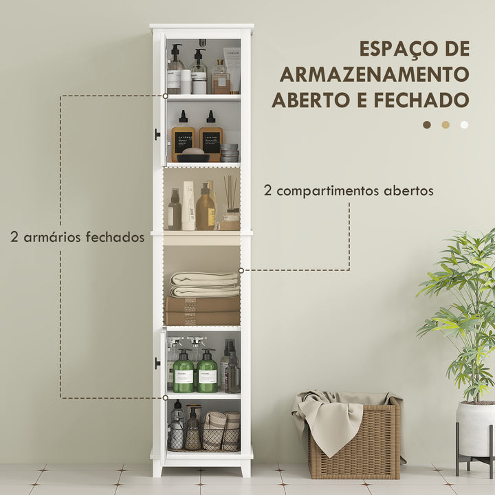 Coluna Casa de Banho Armário Alto Casa de Banho com Prateleira Ajustável 2 Portas em Vime e 2 Compartimentos Móvel Casa de Banho Estilo Boho 40x30x167,5 cm Branco