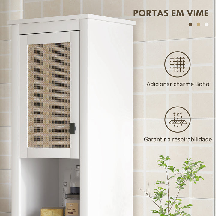 Coluna Casa de Banho Armário Alto Casa de Banho com Prateleira Ajustável 2 Portas em Vime e 2 Compartimentos Móvel Casa de Banho Estilo Boho 40x30x167,5 cm Branco