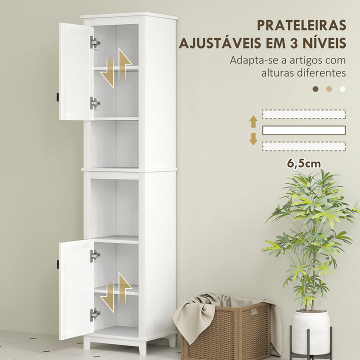 Coluna Casa de Banho Armário Alto Casa de Banho com Prateleira Ajustável 2 Portas em Vime e 2 Compartimentos Móvel Casa de Banho Estilo Boho 40x30x167,5 cm Branco