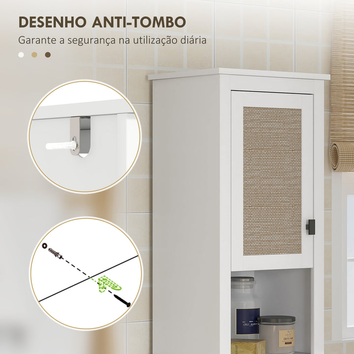 Coluna Casa de Banho Armário Alto Casa de Banho com Prateleira Ajustável 2 Portas em Vime e 2 Compartimentos Móvel Casa de Banho Estilo Boho 40x30x167,5 cm Branco
