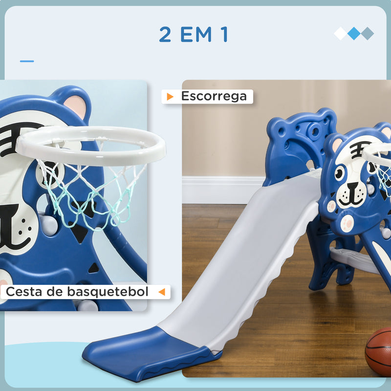 Escorrega para Crianças 2 em 1 Escorrega para Crianças de 18 a 36 Meses com 2 Degraus Cesta de Basquetebol e Desenho de Tigre para Interior 133x60x70 cm Azul e Cinza