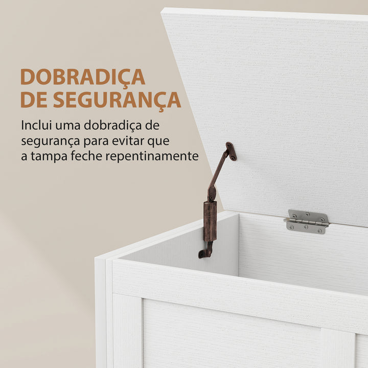 Baú de Armazenamento para Dormitório 95L Baú de Arrumação com Tampa Banco de Armazenamento Versátil com Dobradiça de Segurança para Corredor Sala de Estar 80x40x50 cm Branco