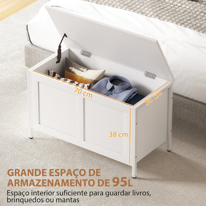 Baú de Armazenamento para Dormitório 95L Baú de Arrumação com Tampa Banco de Armazenamento Versátil com Dobradiça de Segurança para Corredor Sala de Estar 80x40x50 cm Branco