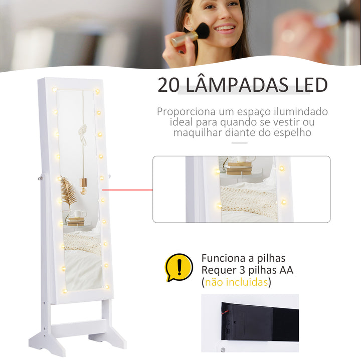 Armário para Joias 20 Luzes de LED Reclinável Fechadura Madeira 40x37x146cm Branco