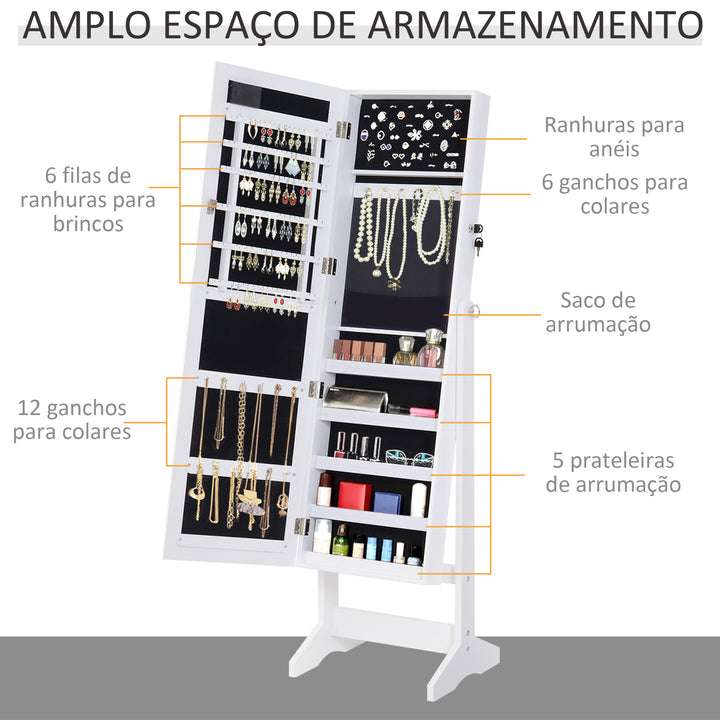 Armário para Joias 20 Luzes de LED Reclinável Fechadura Madeira 40x37x146cm Branco