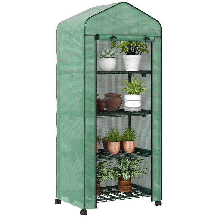 Estufa de Exterior com 4 Prateleiras e Rodas Estufa de Jardim com Porta Enrolável Estrutura em Aço e Cobertura de PE 140g/? Anti-UV para Terraço Pátio 69x50x165 cm Verde