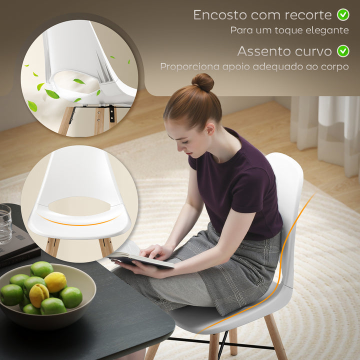 Conjunto de 2 Cadeiras de Jantar de Plástico Cadeiras de Cozinha Modernas com Encosto Curvado e Pés em Madeira de Borracha para Sala de Estar Quarto 47x49x84 cm Branco