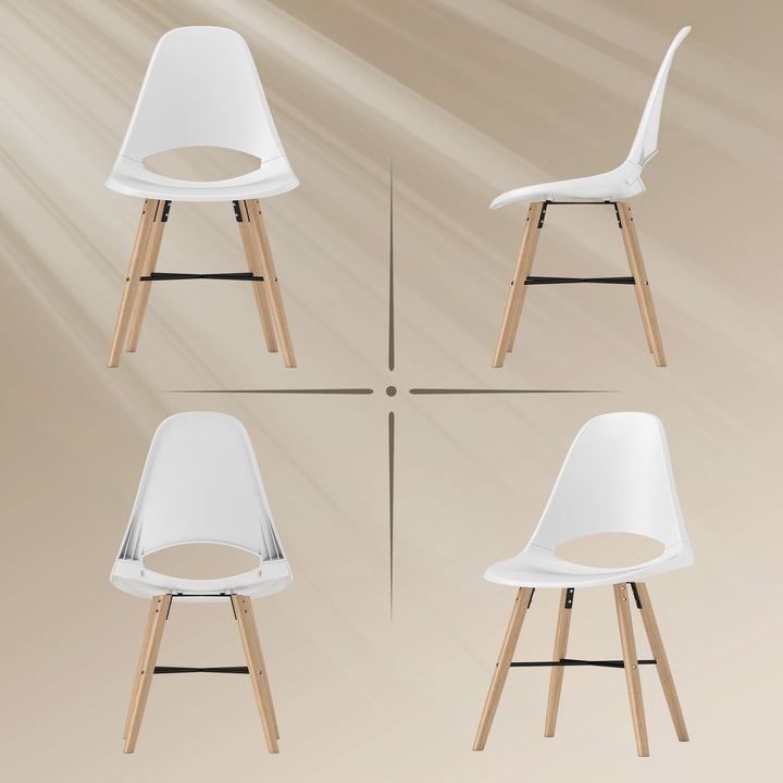 Conjunto de 2 Cadeiras de Jantar de Plástico Cadeiras de Cozinha Modernas com Encosto Curvado e Pés em Madeira de Borracha para Sala de Estar Quarto 47x49x84 cm Branco