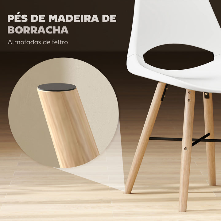 Conjunto de 2 Cadeiras de Jantar de Plástico Cadeiras de Cozinha Modernas com Encosto Curvado e Pés em Madeira de Borracha para Sala de Estar Quarto 47x49x84 cm Branco
