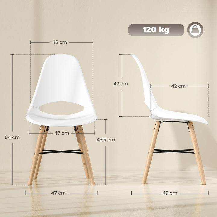 Conjunto de 2 Cadeiras de Jantar de Plástico Cadeiras de Cozinha Modernas com Encosto Curvado e Pés em Madeira de Borracha para Sala de Estar Quarto 47x49x84 cm Branco