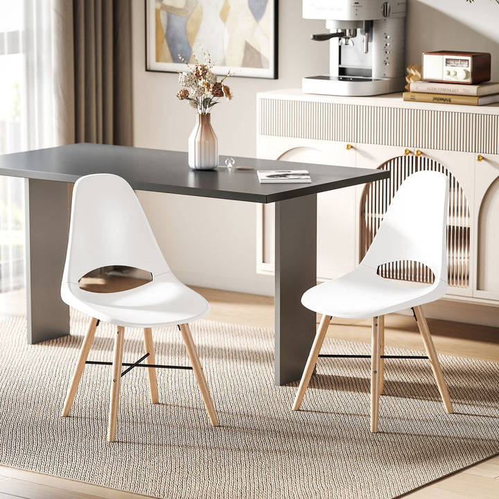 Conjunto de 2 Cadeiras de Jantar de Plástico Cadeiras de Cozinha Modernas com Encosto Curvado e Pés em Madeira de Borracha para Sala de Estar Quarto 47x49x84 cm Branco