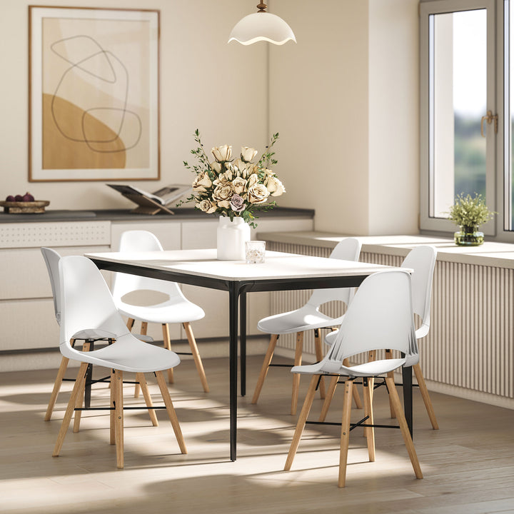 Conjunto de 2 Cadeiras de Jantar de Plástico Cadeiras de Cozinha Modernas com Encosto Curvado e Pés em Madeira de Borracha para Sala de Estar Quarto 47x49x84 cm Branco
