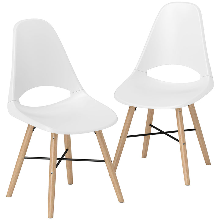 Conjunto de 2 Cadeiras de Jantar de Plástico Cadeiras de Cozinha Modernas com Encosto Curvado e Pés em Madeira de Borracha para Sala de Estar Quarto 47x49x84 cm Branco