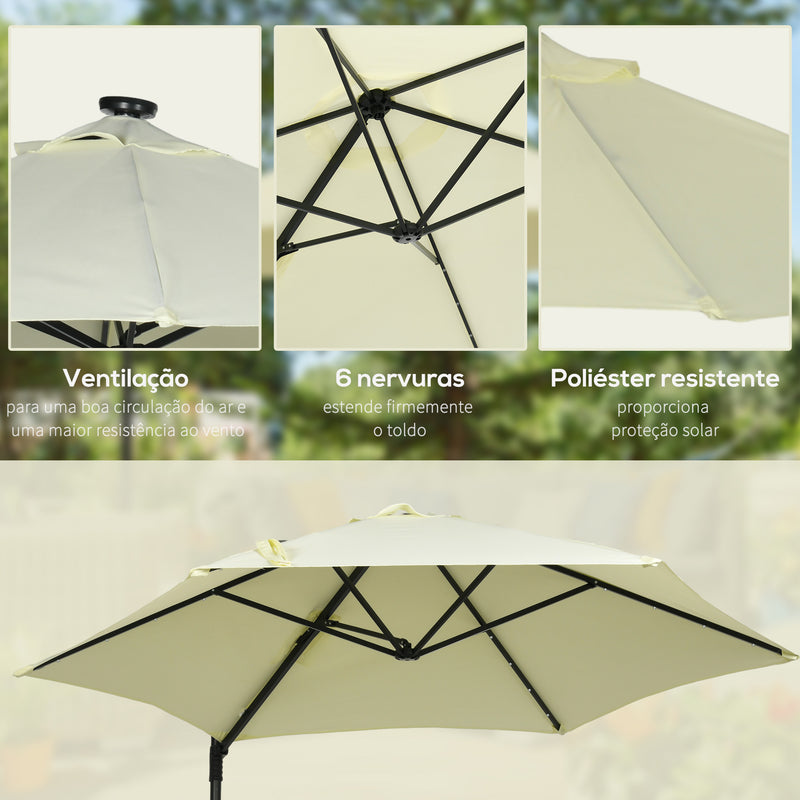 Chapéu de Sol Excêntrico Ø256x248 cm com Luzes LED Solar Mastro Giratório 360° Chapéu de Sol de Exterior com Manivela Manual e Ventilação Superior Bege