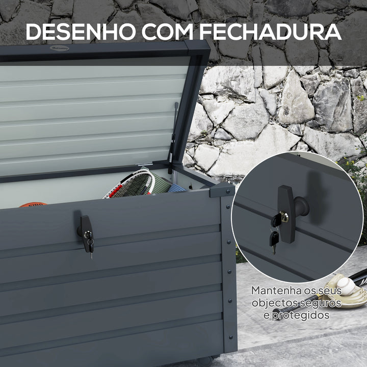 Baú de Exterior 295 L Baú de Armazenamento de Aço Galvanizado com 4 Rodas 2 Pegas e 1 Fechadura com Chave para Jardim Pátio 100x62x65 cm Cinza Escuro