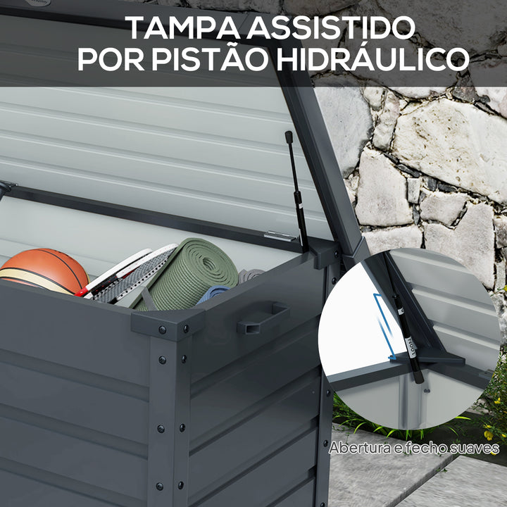 Baú de Exterior 295 L Baú de Armazenamento de Aço Galvanizado com 4 Rodas 2 Pegas e 1 Fechadura com Chave para Jardim Pátio 100x62x65 cm Cinza Escuro