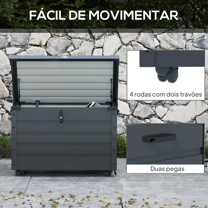 Baú de Exterior 295 L Baú de Armazenamento de Aço Galvanizado com 4 Rodas 2 Pegas e 1 Fechadura com Chave para Jardim Pátio 100x62x65 cm Cinza Escuro