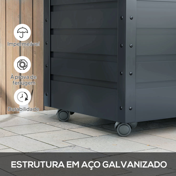 Baú de Exterior 295 L Baú de Armazenamento de Aço Galvanizado com 4 Rodas 2 Pegas e 1 Fechadura com Chave para Jardim Pátio 100x62x65 cm Cinza Escuro