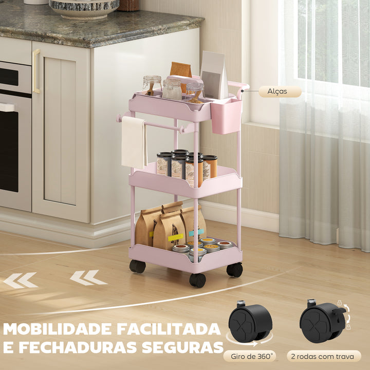 Carrinho Auxiliar com Rodas de 3 Níveis Carrinho de Cozinha com Cestos Extraíveis Rodas com Travão Suporte para Toalhas e Estrutura de Metal Carrinho de Serviço para Casa de Banho 42x42,5x76 cm Rosa