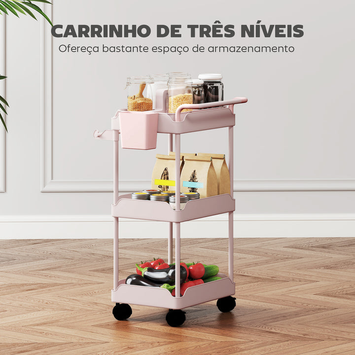 Carrinho Auxiliar com Rodas de 3 Níveis Carrinho de Cozinha com Cestos Extraíveis Rodas com Travão Suporte para Toalhas e Estrutura de Metal Carrinho de Serviço para Casa de Banho 42x42,5x76 cm Rosa