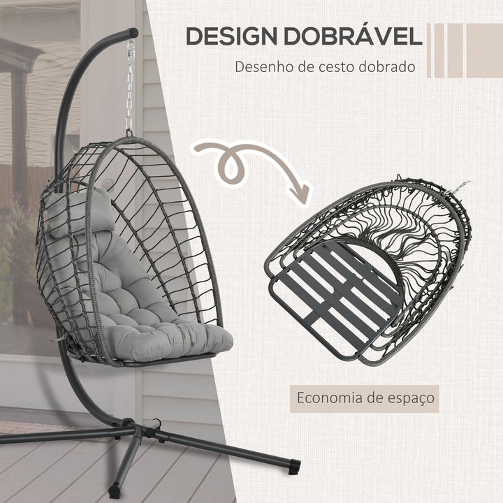 Poltrona Suspensa de Vime Poltrona Suspensa Dobrável com 2 Almofadas e Estrutura de Aço Capacidade 100 kg para Uso Interior e Exterior 100x131x194 cm Cinza Escuro