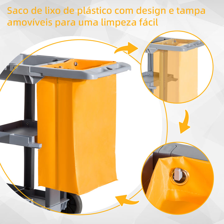 Carrinho de Limpeza com Saco 100L Profissional e Multifuncional para Colectividades Hostal do Hotel com 3 Bandejas e 1 Plataforma 113x50.5x96.5cm
