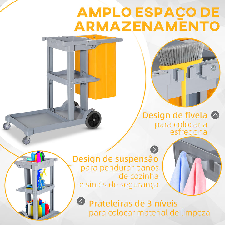 Carrinho de Limpeza com Saco 100L Profissional e Multifuncional para Colectividades Hostal do Hotel com 3 Bandejas e 1 Plataforma 113x50.5x96.5cm