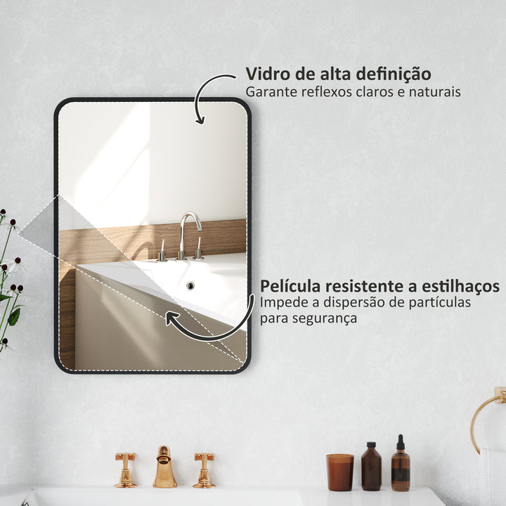 Espelho Casa de Banho 50x70 cm Espelho Retangular Espelho de Parede com Estrutura de Metal Vertical e Horizontal para Entrada Sala de Estar Preto