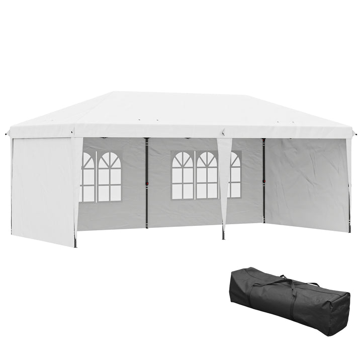 Tenda Dobrável 6x3 m Pop-up com 4 Laterais Desmontáveis Tenda de Jardim com 2 Janelas Visíveis Saco de Transporte Impermeável Anti-UV Tenda para Campismo Festas Exterior Branco