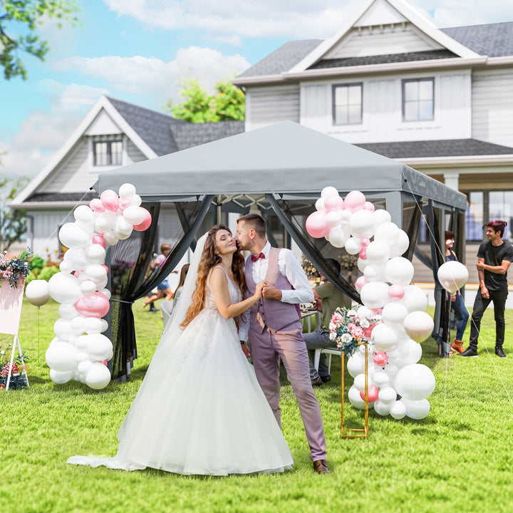 Tenda Dobrável 585x295x270 cm Tenda de Jardim com 6 Mosquiteiros Bolsa de Transporte e Estrutura de Aço para Campismo Festas Cinza