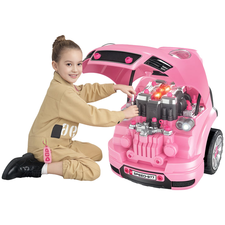 Motor de Caminhão para Crianças acima de 3 Anos Conjunto de Motor de Brinquedo com 61 Peças Volante Buzina Faróis Caixa de Armazenamento e Rodas 40x39x47 cm Rosa