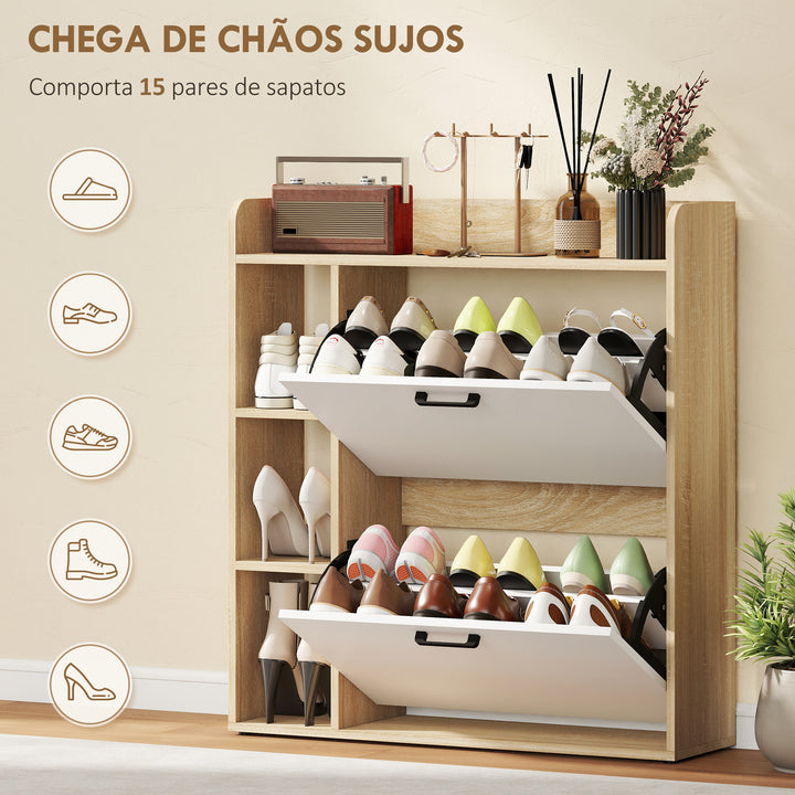 Sapateira Estreita 2 Portas Sapateira para Entrada Corredor com 3 Prateleiras Laterais e Prateleiras Ajustáveis para 15 Pares de Sapatos Para Corredor Espaço Reduzido 83x24x90,5 cm Madeira e Branco