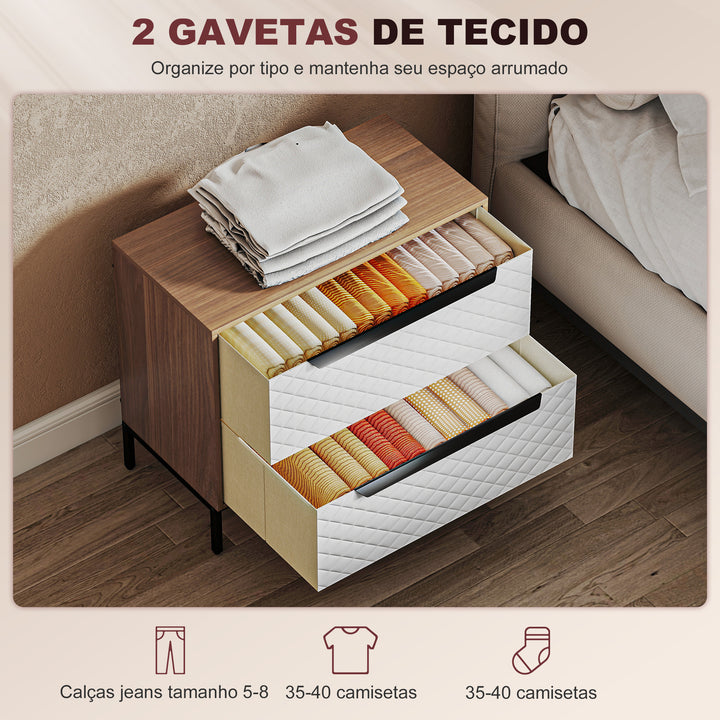 Cómoda com 2 Gavetas de Tecido Cómoda para Quarto Frentes com Padrão de Diamante Móvel de Arrumação para Sala de Estar Escritório Closet 59,5x30x54 cm Madeira e Branco