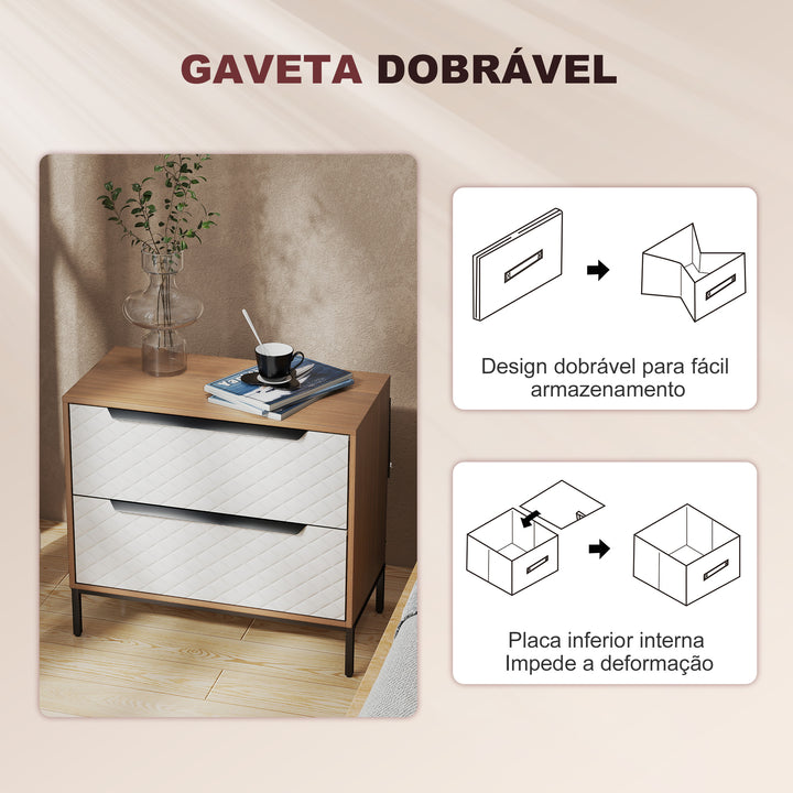Cómoda com 2 Gavetas de Tecido Cómoda para Quarto Frentes com Padrão de Diamante Móvel de Arrumação para Sala de Estar Escritório Closet 59,5x30x54 cm Madeira e Branco