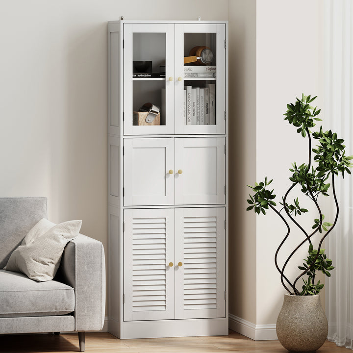 Armário de Casa de Banho Alto Coluna de Casa de Banho Estreita com Portas de Vidro Portas de Ripas e Prateleiras Ajustáveis 60x30x170 cm Branco