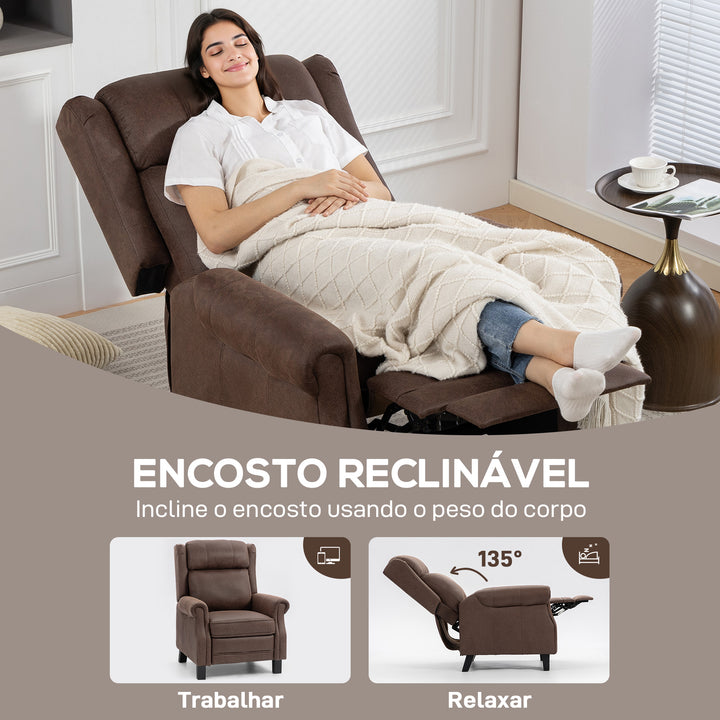 Poltrona Reclinável Manual Poltrona de Couro Sintético com Apoio para os Pés Encosto Alto Acolchoamento Espesso até 135º para Sala Quarto 84x85x104 cm Marrom
