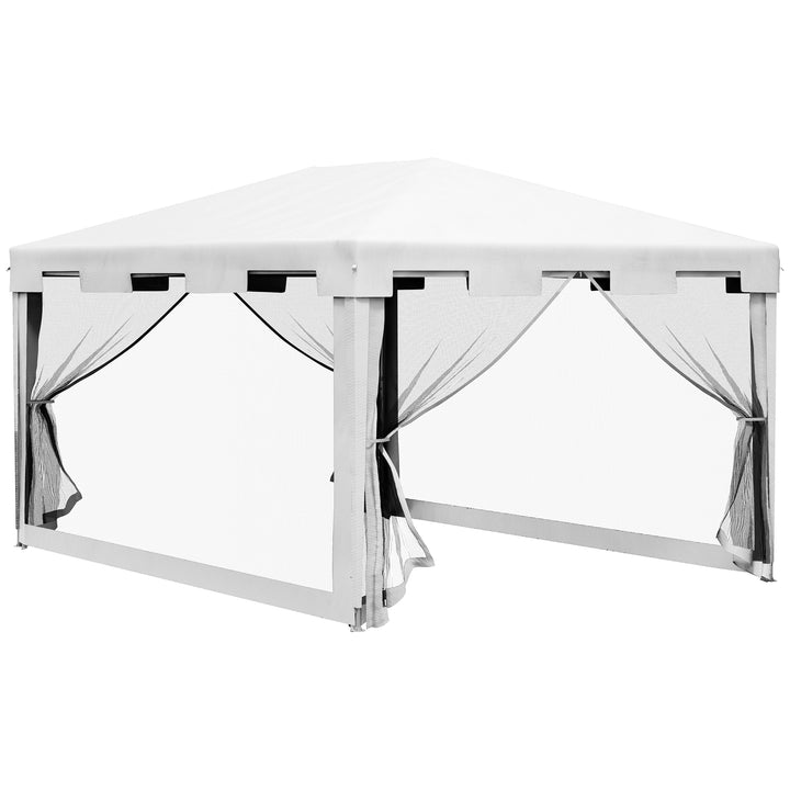Tenda de Jardim 4x3 m Tenda Desmontável de Exterior com 4 Mosqueteiras Laterais 2 Portas com Fecho de Correr e 8 Orifícios de Drenagem para Pátio Praia Branco