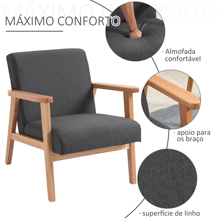 Poltrona de Dormitório Moderna Poltrona de Sala de Estar Estofada em Linho Sintético com Apoio para os Braços e Estrutura de Madeira para Sala de Estar 68,5x78,5x75 cm Cinza e Madeira