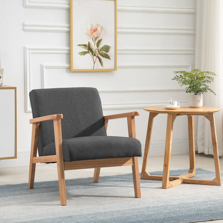 Poltrona de Dormitório Moderna Poltrona de Sala de Estar Estofada em Linho Sintético com Apoio para os Braços e Estrutura de Madeira para Sala de Estar 68,5x78,5x75 cm Cinza e Madeira