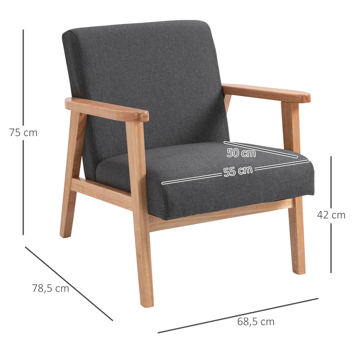 Poltrona de Dormitório Moderna Poltrona de Sala de Estar Estofada em Linho Sintético com Apoio para os Braços e Estrutura de Madeira para Sala de Estar 68,5x78,5x75 cm Cinza e Madeira