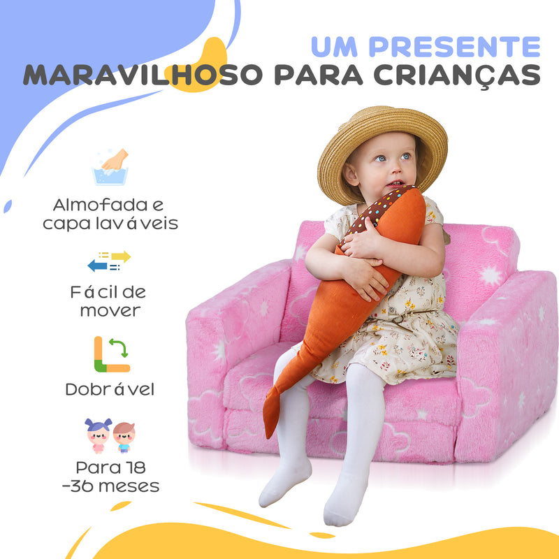 Poltrona para Crianças Dobrável Sofá Infantil Reclinável 2 em 1 Sofá para Crianças Estofado em Tecido Luminoso com Desenho de Nunes e Capa Lavável para Dormitório Sala de Estar Rosa