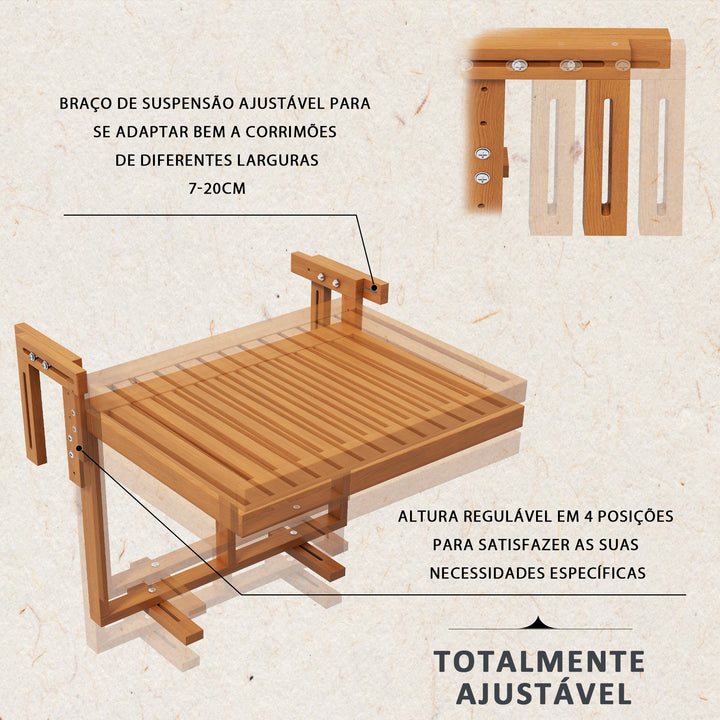 Mesa Suspensa para Varanda Mesa de Varanda Dobrável em Madeira com Altura Ajustável em 4 Níveis Capacidade 20 kg para Terraço 68x65x40,5-55 cm Natural