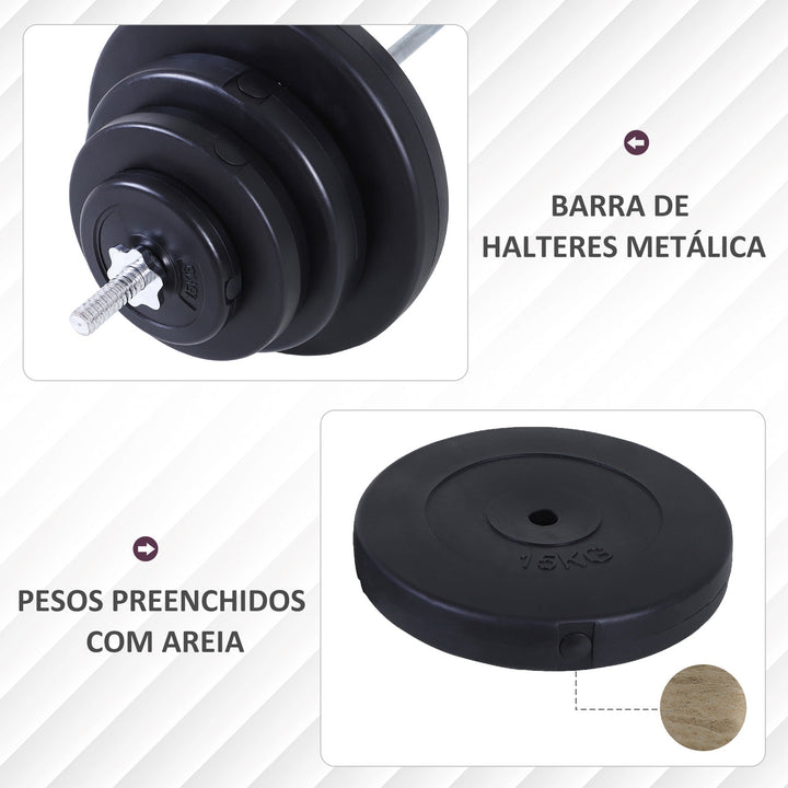 Barra de Pesos 70 kg com Halteres Conjunto de Pesos Ajustáveis com 8 Discos de 1,5kg 5kg 10kg 15kg e 1 Barra para Treino de Força em Casa Ginásio ou Escritório 170x40,5x40,5 cm Preto