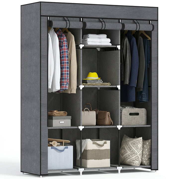 Roupeiro de Tecido Dobrável Armário Portátil com 8 Prateleiras de Armazenamento e 2 Barras de Pendurar Organizador de Roupa para Dormitório Vestidor 125x43x162,5 cm Cinzento