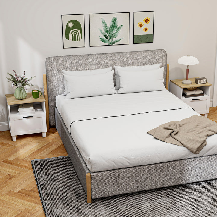 Conjunto de 2 Mesas de Cabeceira Modernas Mesas de Cabeceira com Gaveta Compartimento Aberto Pés de Madeira Mesa Auxiliar para Sala Dormitório 45x38x50 cm Branco